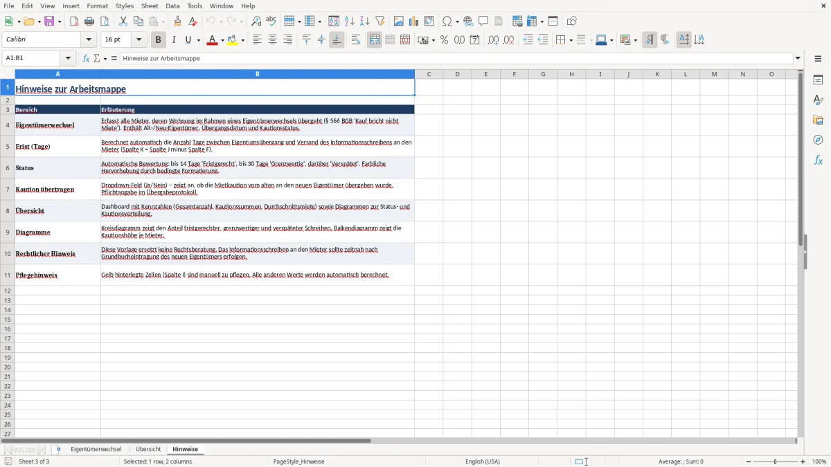 Captura 3: aba Hinweise - Planilha Excel eigentumerwechsel schreiben