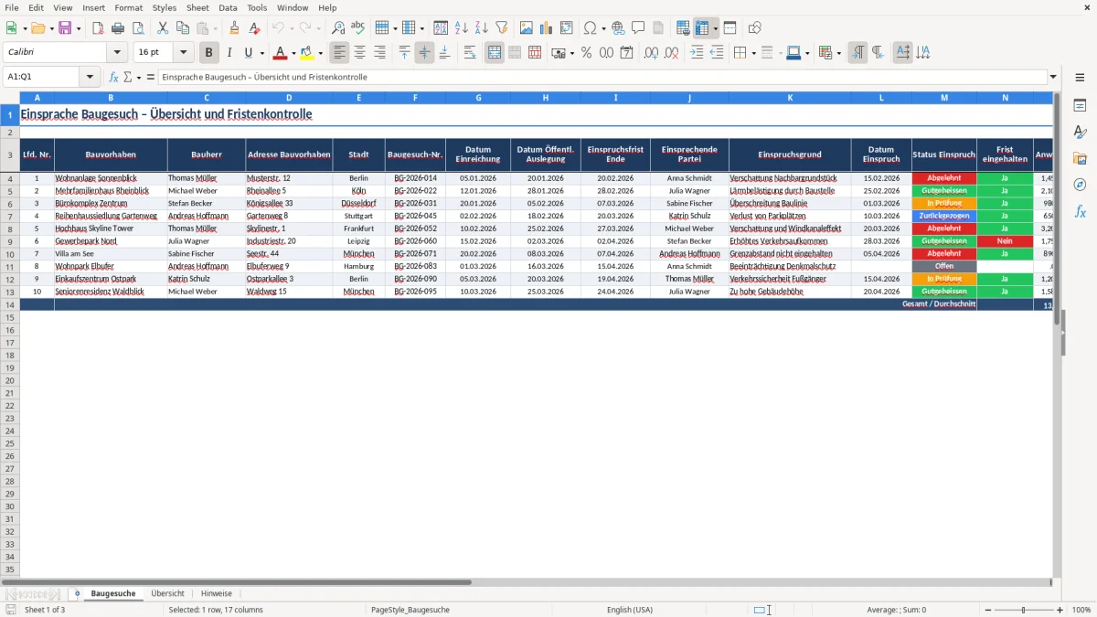 Captura 1: aba Baugesuche - Planilha Excel einsprache baugesuch