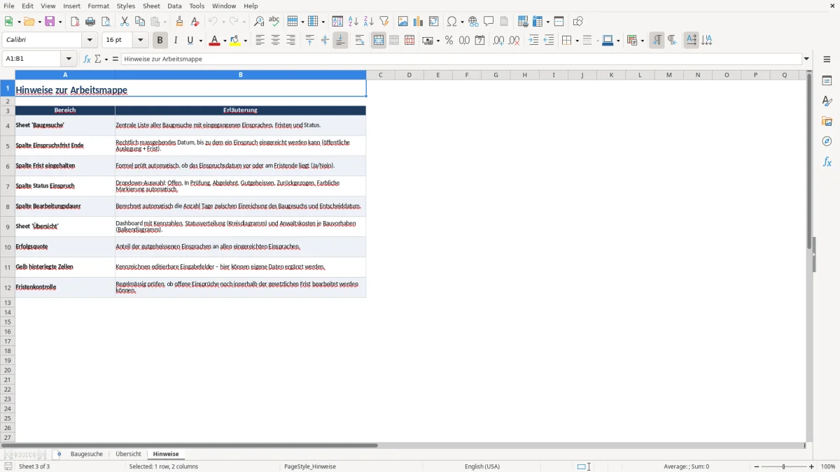 Captura 3: aba Hinweise - Planilha Excel einsprache baugesuch