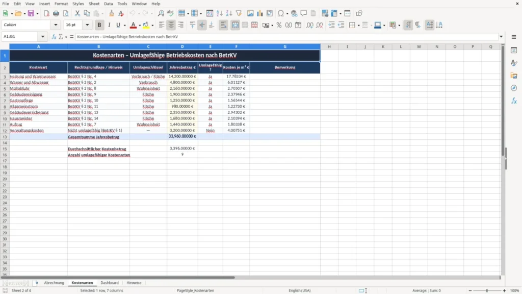 Kostenarten – Nebenkostenabrechnung Excel-Vorlage