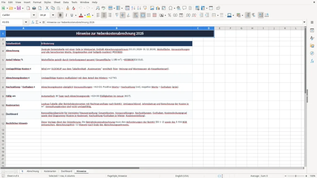 Hinweise – Nebenkostenabrechnung Excel-Vorlage