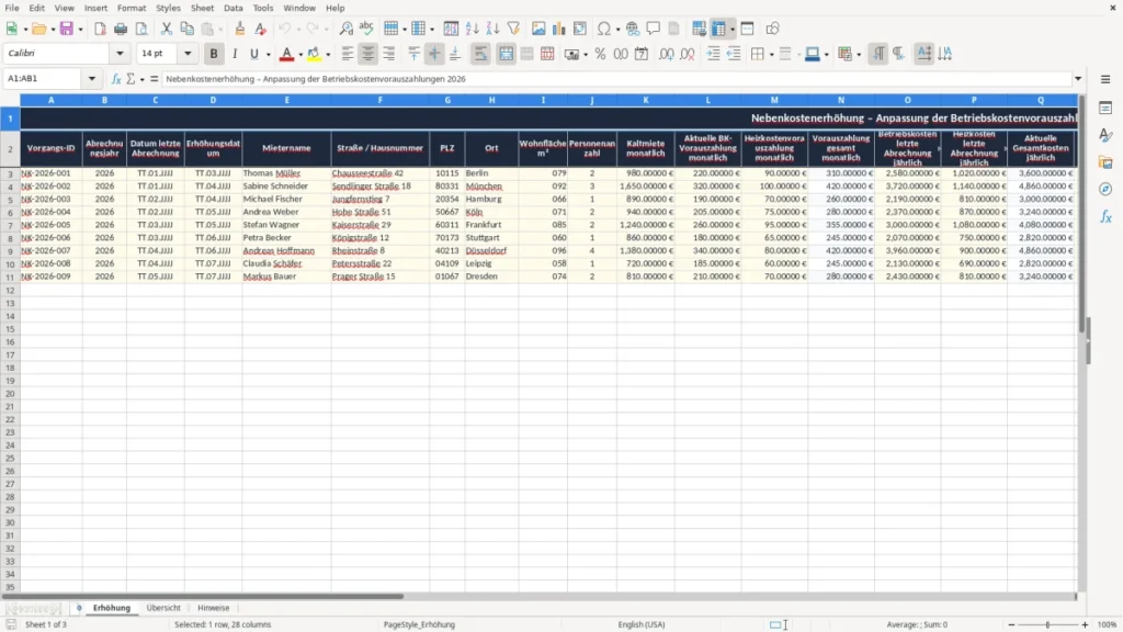 Erhöhung – Excel-Vorlage für Nebenkostenerhöhungen