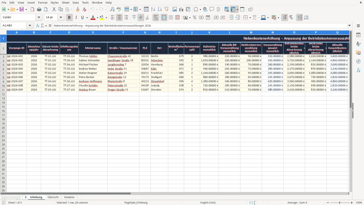 Captura 1: aba Erhöhung - Planilha Excel nebenkostenerhohung