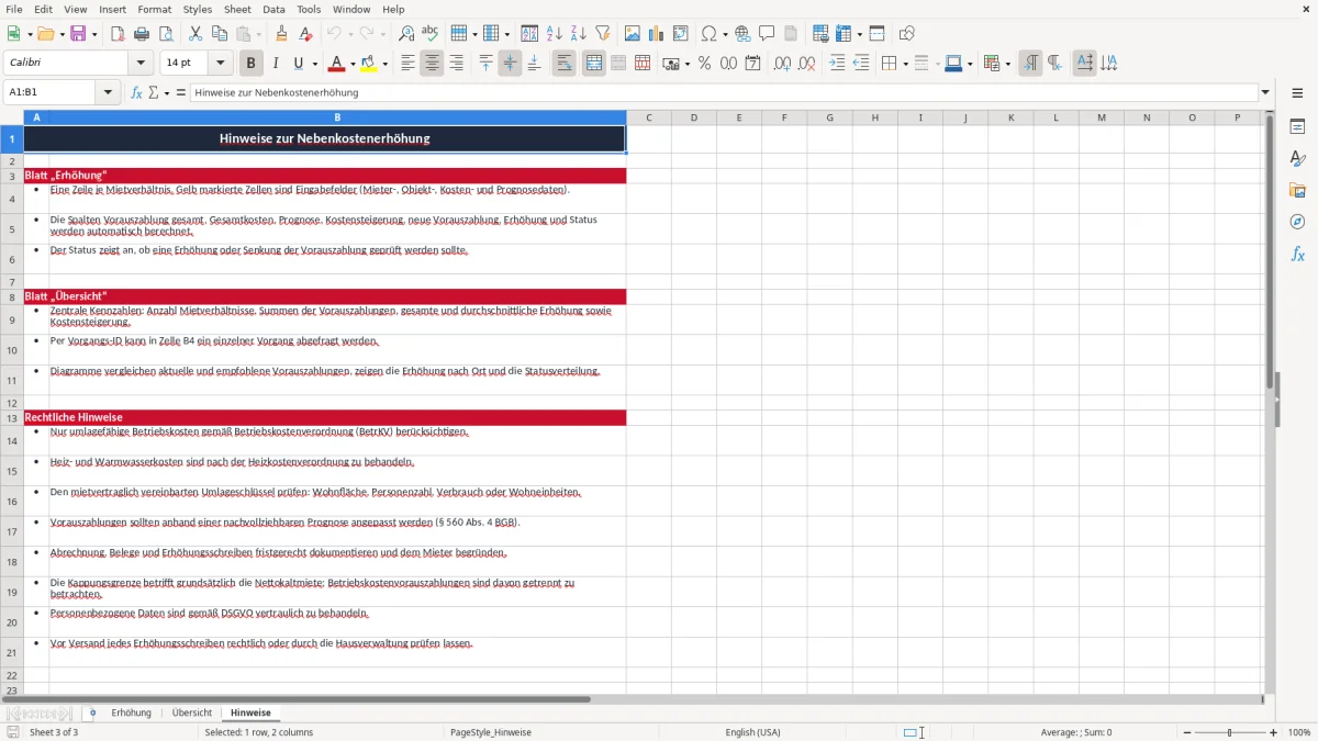 Captura 3: aba Hinweise - Planilha Excel nebenkostenerhohung