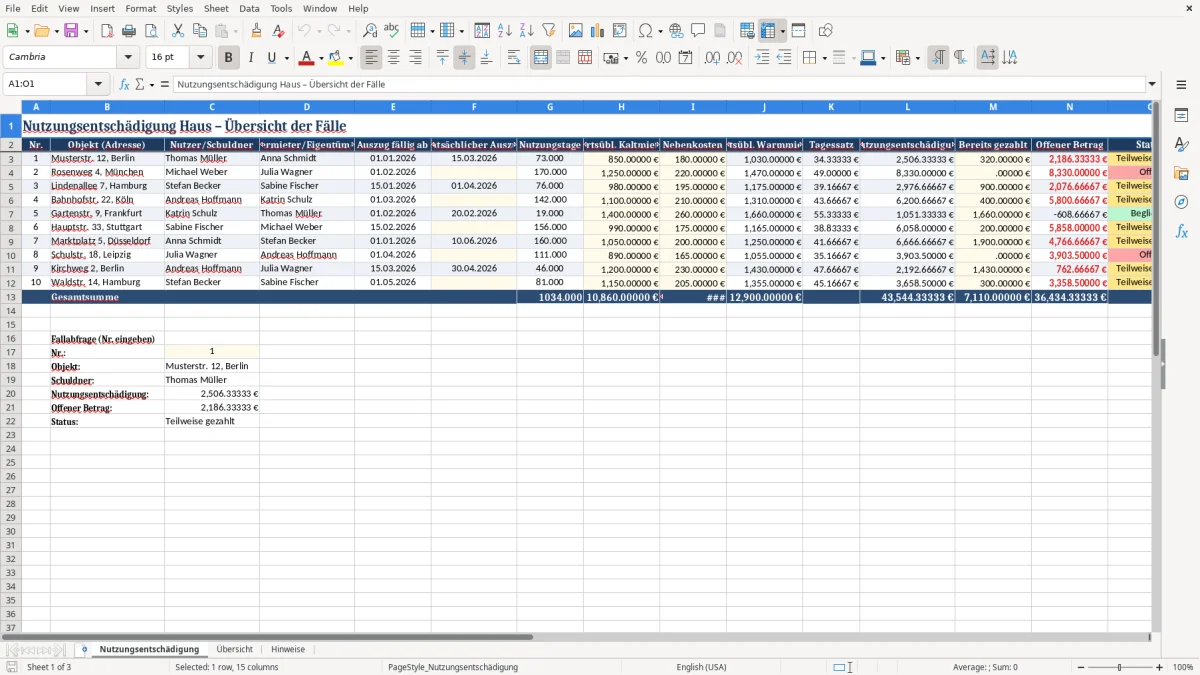 Captura 1: aba Nutzungsentschädigung - Planilha Excel nutzungsentschadigung haus