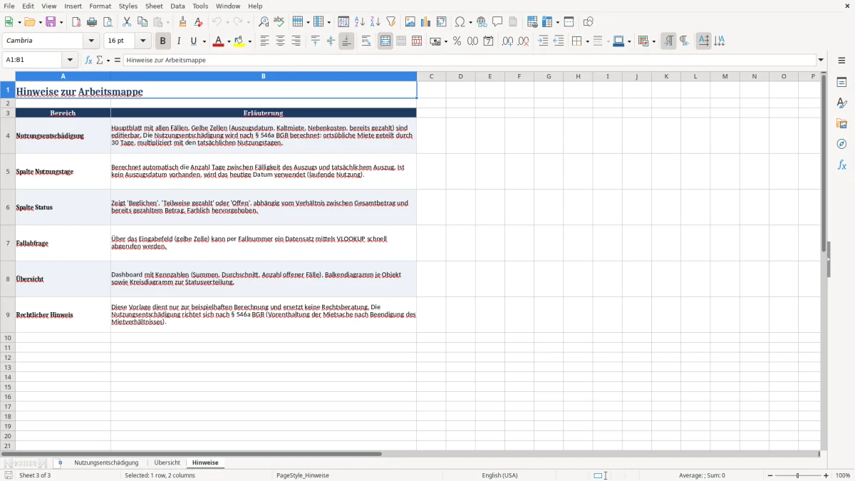 Captura 3: aba Hinweise - Planilha Excel nutzungsentschadigung haus