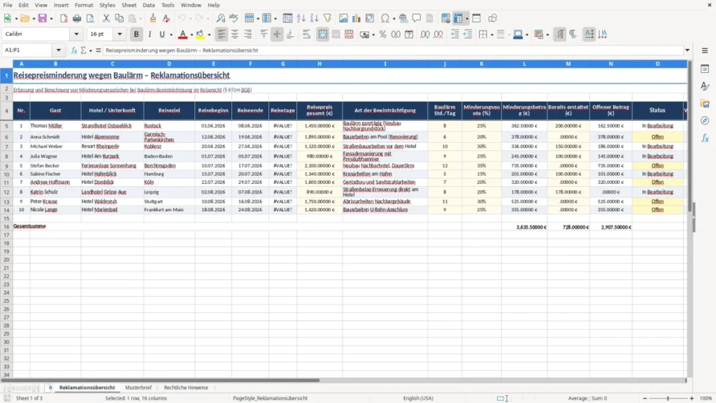 Reklamationsübersicht – Reisepreisminderung Excel – Vorlage Kostenlos (2026)