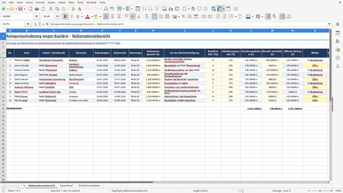 Captura 1: aba Reklamationsübersicht - Planilha Excel reisepreisminderung baularm brief