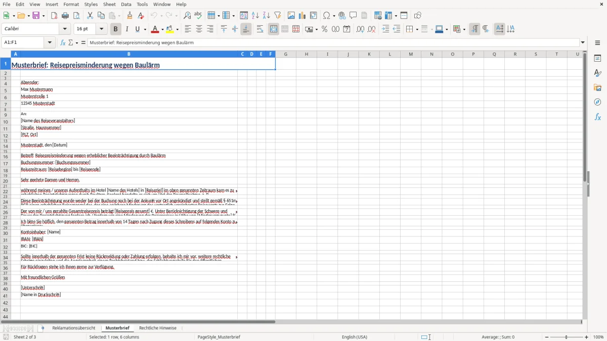 Captura 2: aba Musterbrief - Planilha Excel reisepreisminderung baularm brief