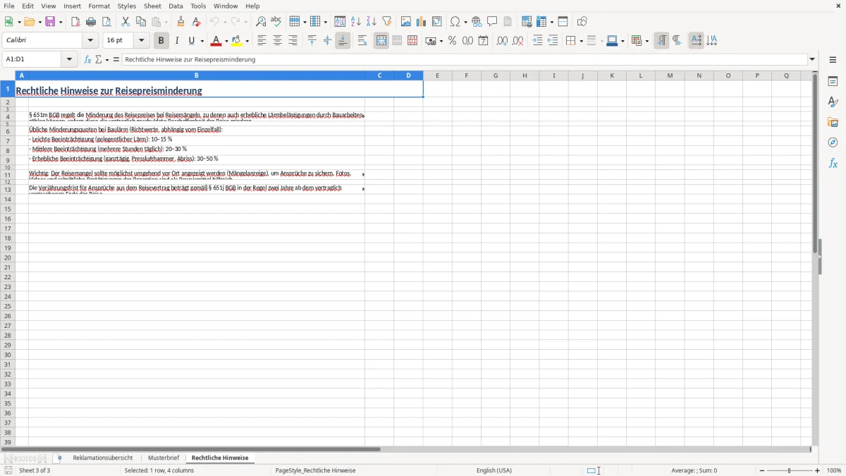 Captura 3: aba Rechtliche Hinweise - Planilha Excel reisepreisminderung baularm brief