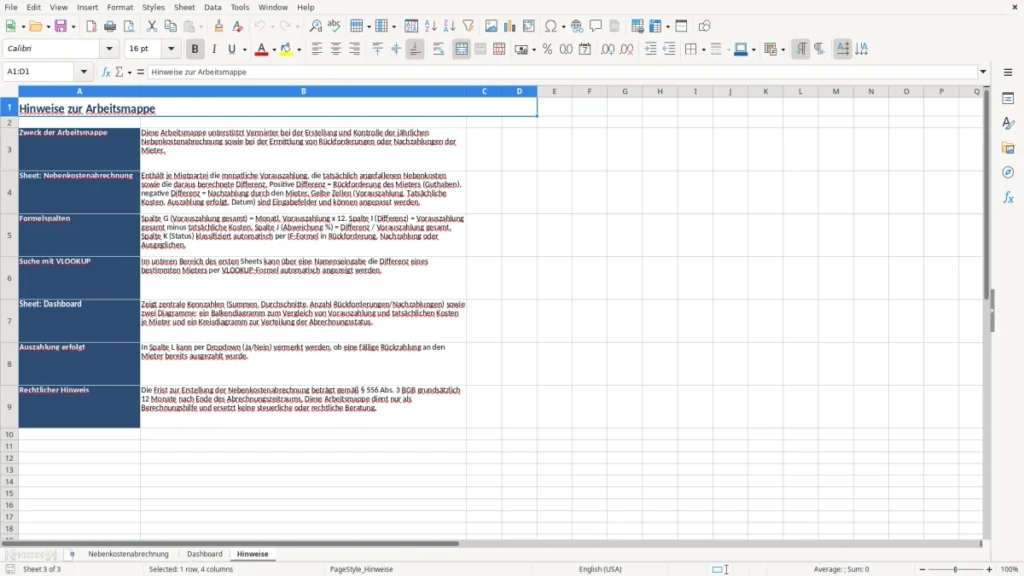 Hinweise – Rückforderung Nebenkosten Excel Vorlage (2026)