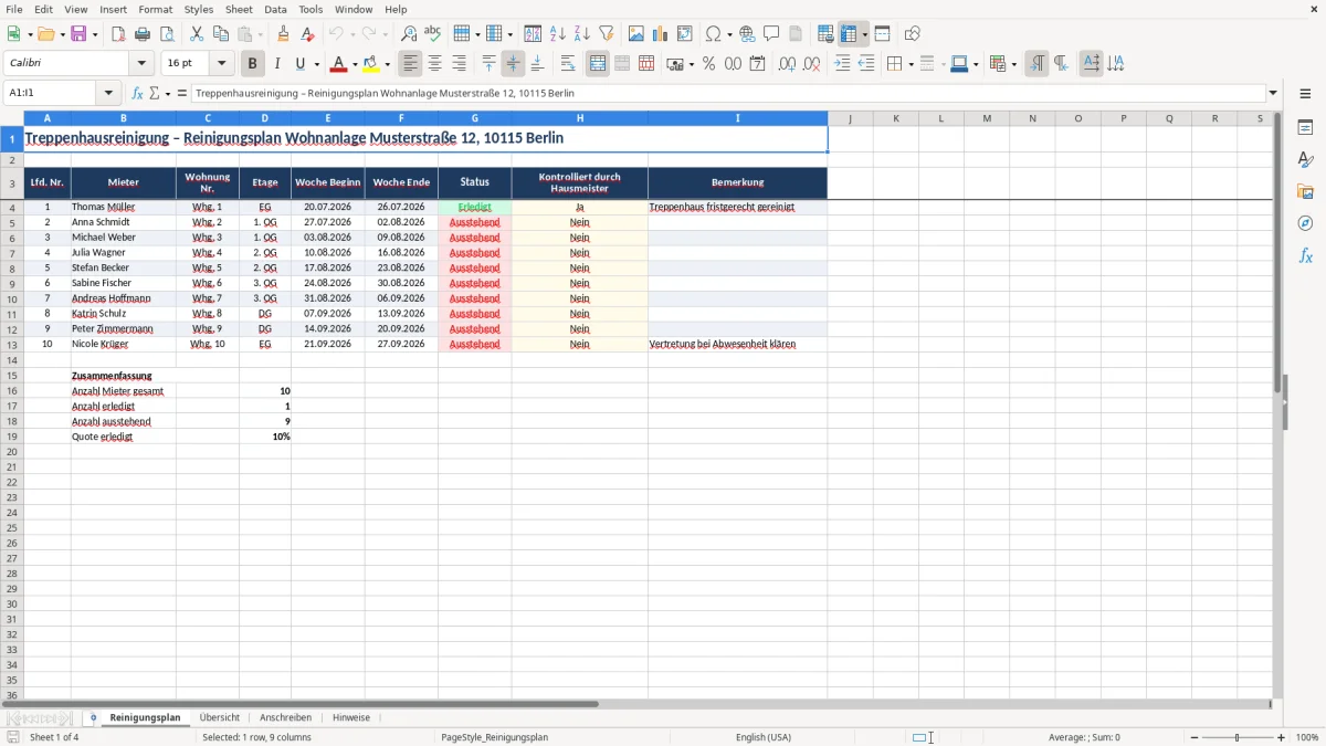 Captura 1: aba Reinigungsplan - Planilha Excel schreiben an mieter treppenhausreinigung