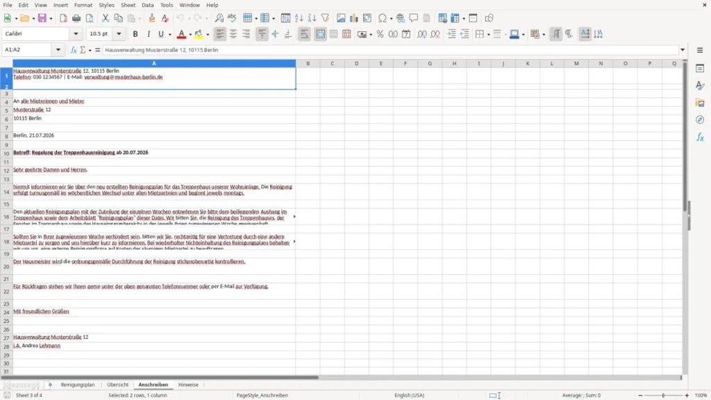 Anschreiben – Treppenhausreinigung Excel – Schreiben Vorlage (2026)