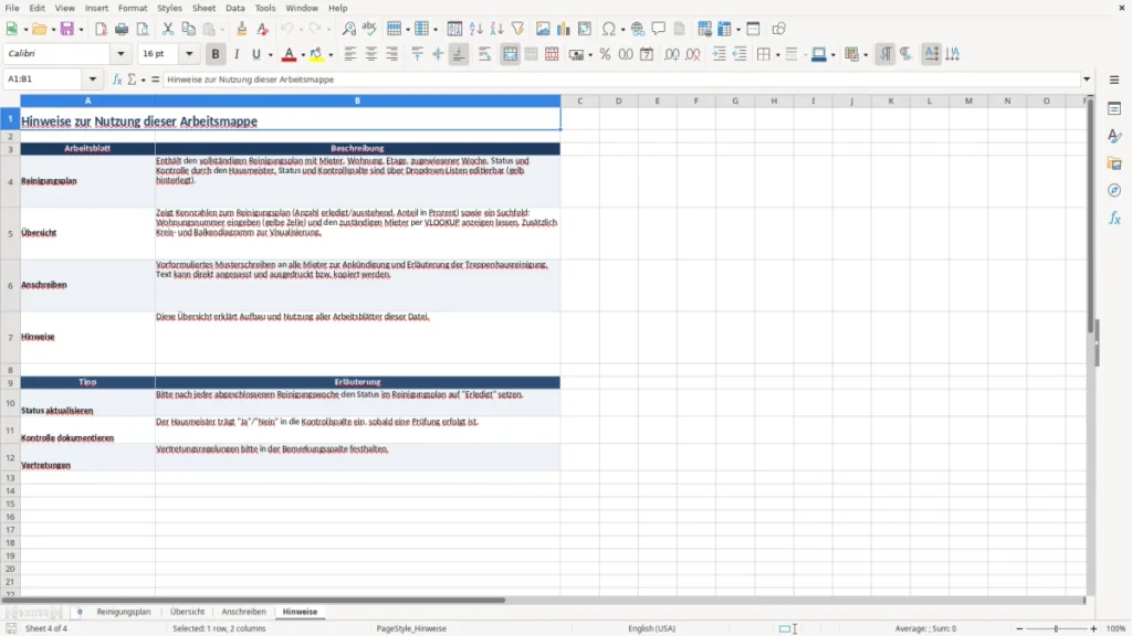 Hinweise – Treppenhausreinigung Excel – Schreiben Vorlage (2026)