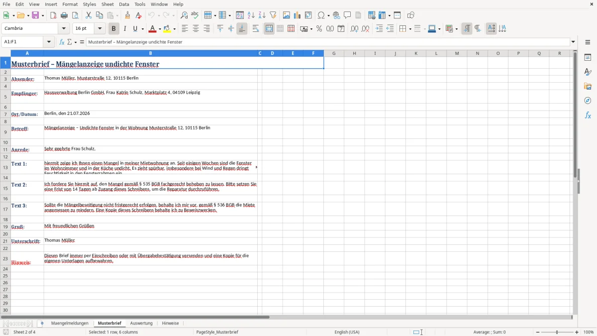Captura 2: aba Musterbrief - Planilha Excel undichte fenster mietwohnung brief