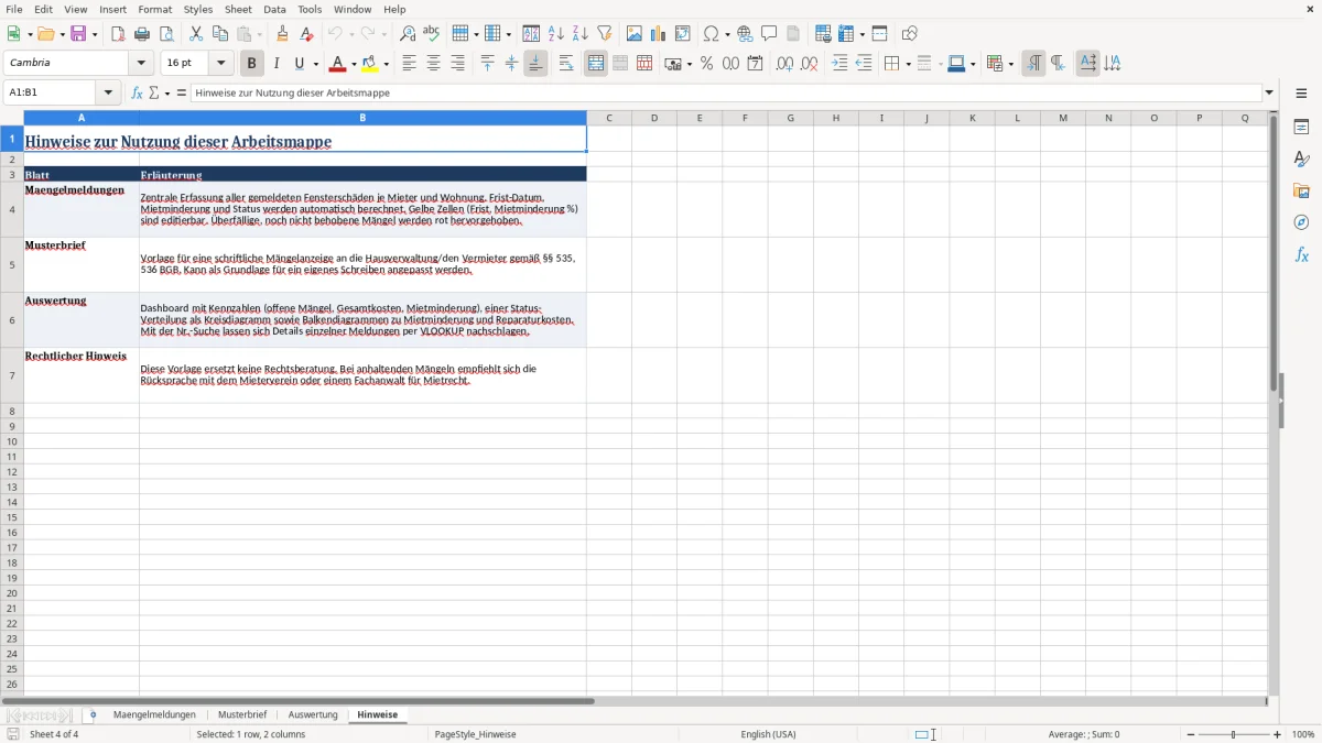 Captura 4: aba Hinweise - Planilha Excel undichte fenster mietwohnung brief