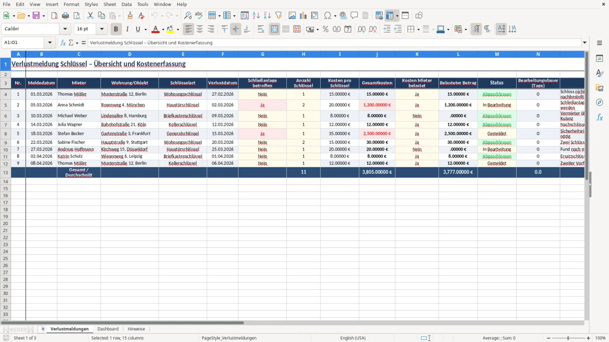 Captura 1: aba Verlustmeldungen - Planilha Excel verlustmeldung schlussel schreiben