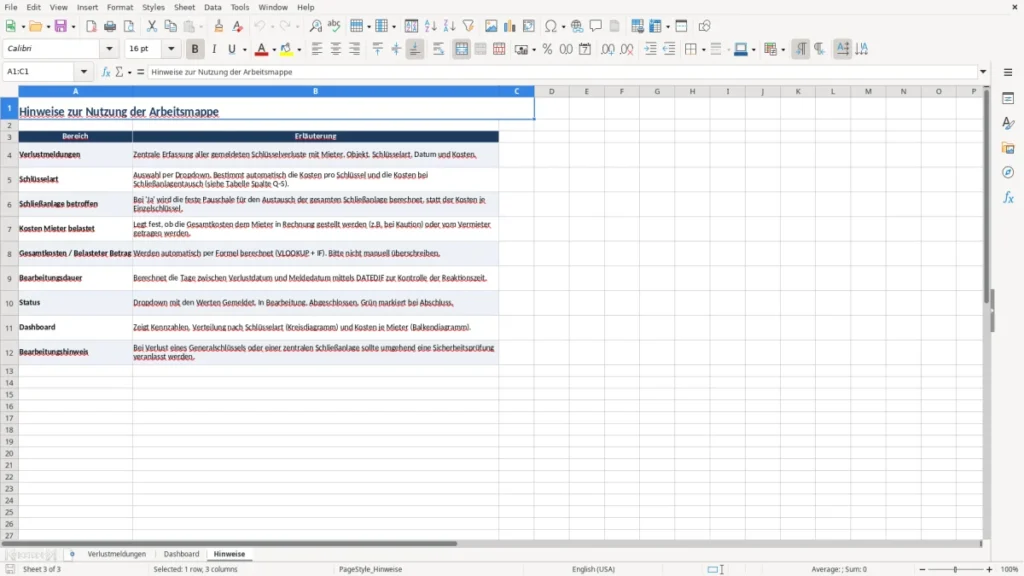 Hinweise – Schlüsselverlustmeldung Excel – Vorlage Kostenlos (2026)