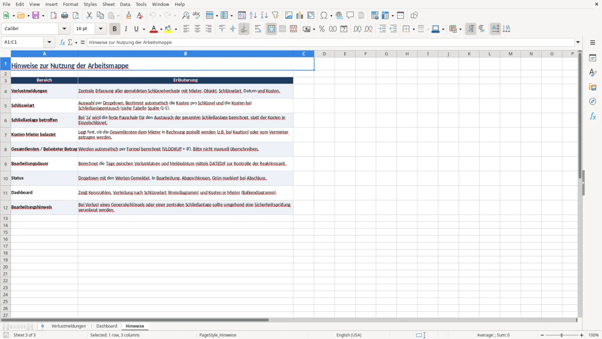 Captura 3: aba Hinweise - Planilha Excel verlustmeldung schlussel schreiben