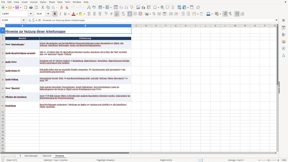 Captura 3: aba Hinweise - Planilha Excel wasser abgestellt wegen bauarbeiten
