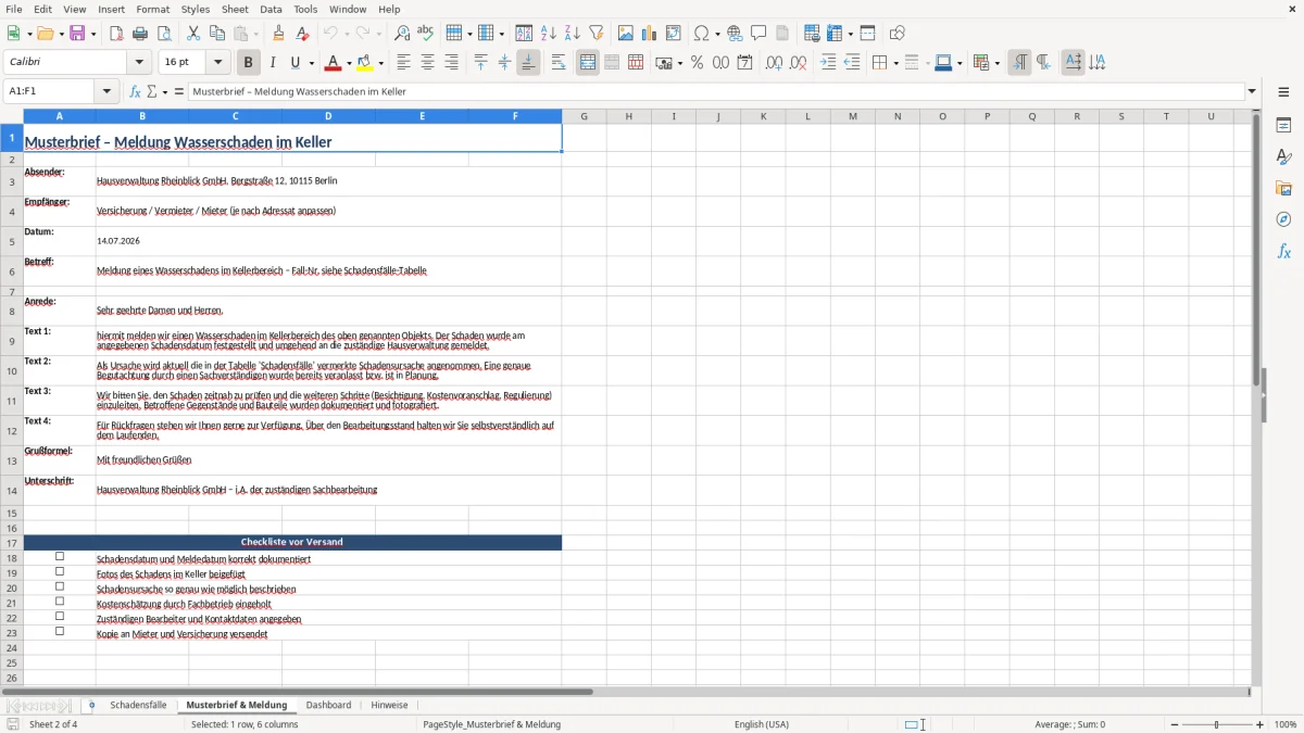 Captura 2: aba Musterbrief & Meldung - Planilha Excel wasserschaden im keller brief