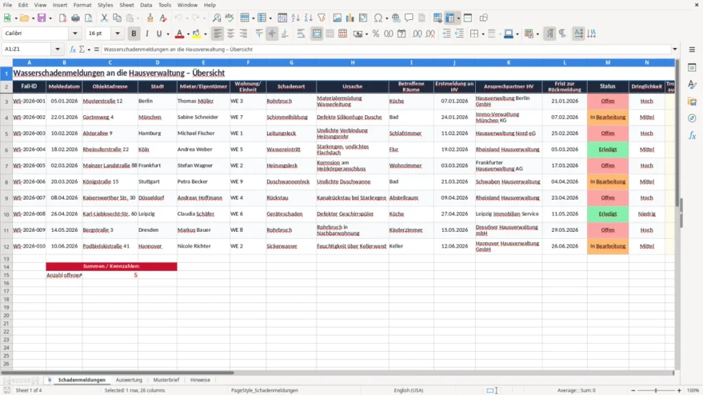 Schadenmeldungen – Wasserschaden melden an Hausverwaltung Brief Excel – Vorlage (2026)