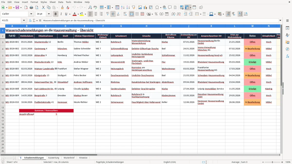 Captura 1: aba Schadenmeldungen - Planilha Excel wasserschaden melden an hausverwaltung brief
