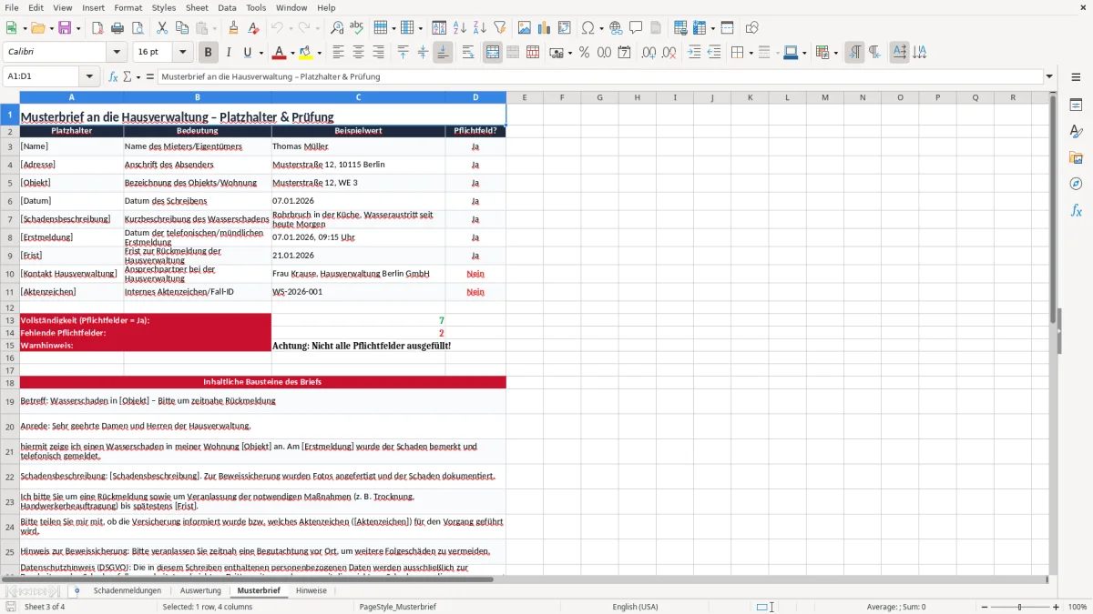 Captura 3: aba Musterbrief - Planilha Excel wasserschaden melden an hausverwaltung brief