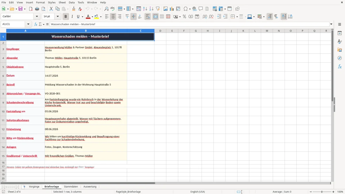 Captura 2: aba Briefvorlage - Planilha Excel wasserschaden melden brief