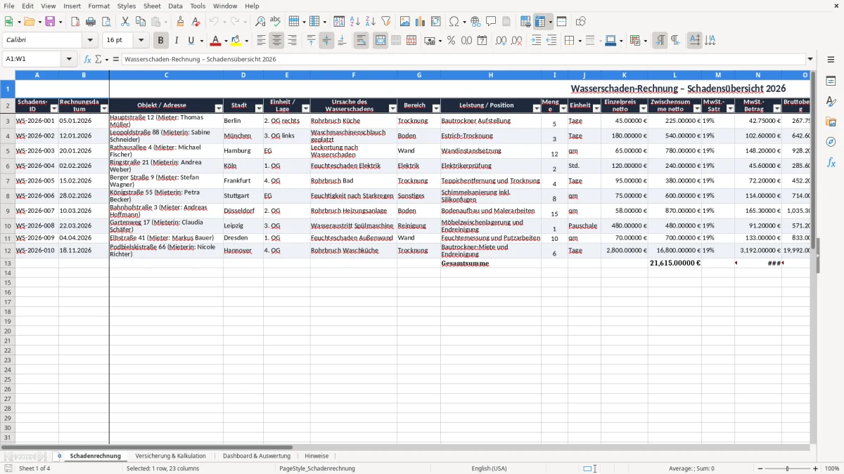 Captura 1: aba Schadenrechnung - Planilha Excel wasserschaden rechnung