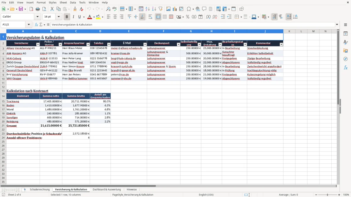 Captura 2: aba Versicherung & Kalkulation - Planilha Excel wasserschaden rechnung