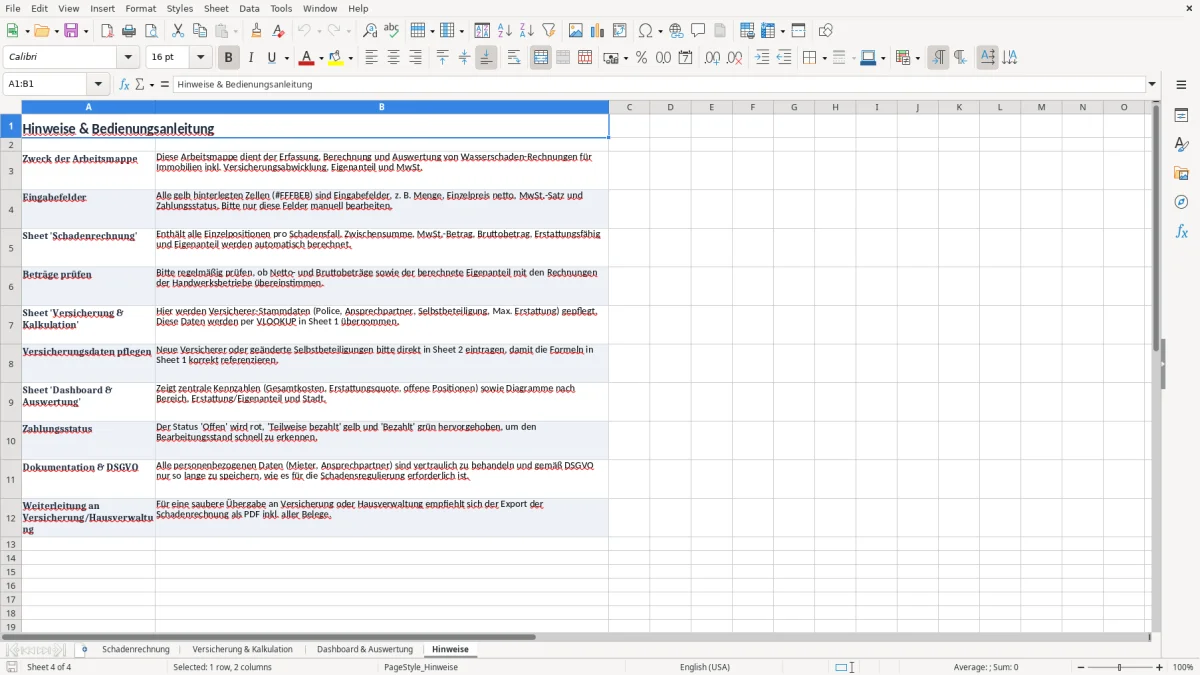 Captura 4: aba Hinweise - Planilha Excel wasserschaden rechnung