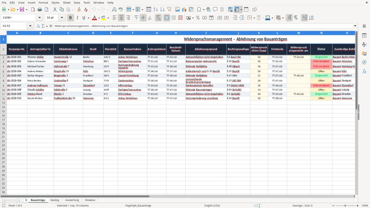 Captura 1: aba Bauanträge - Planilha Excel widerspruch ablehnung bauantrag