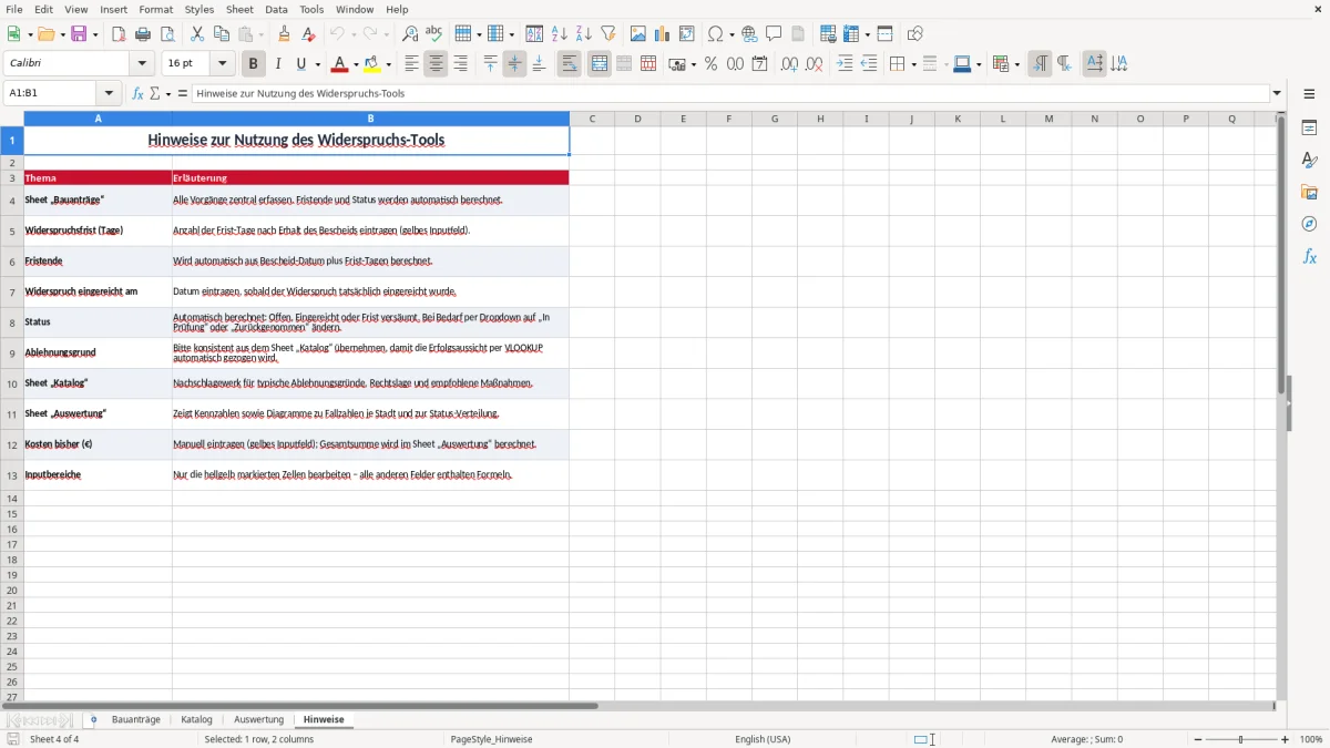 Captura 4: aba Hinweise - Planilha Excel widerspruch ablehnung bauantrag