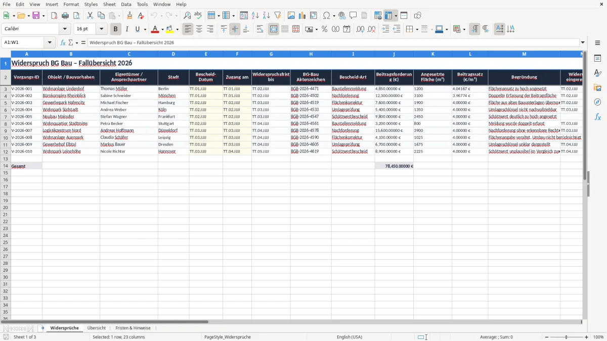 Captura 1: aba Widersprüche - Planilha Excel widerspruch bg bau