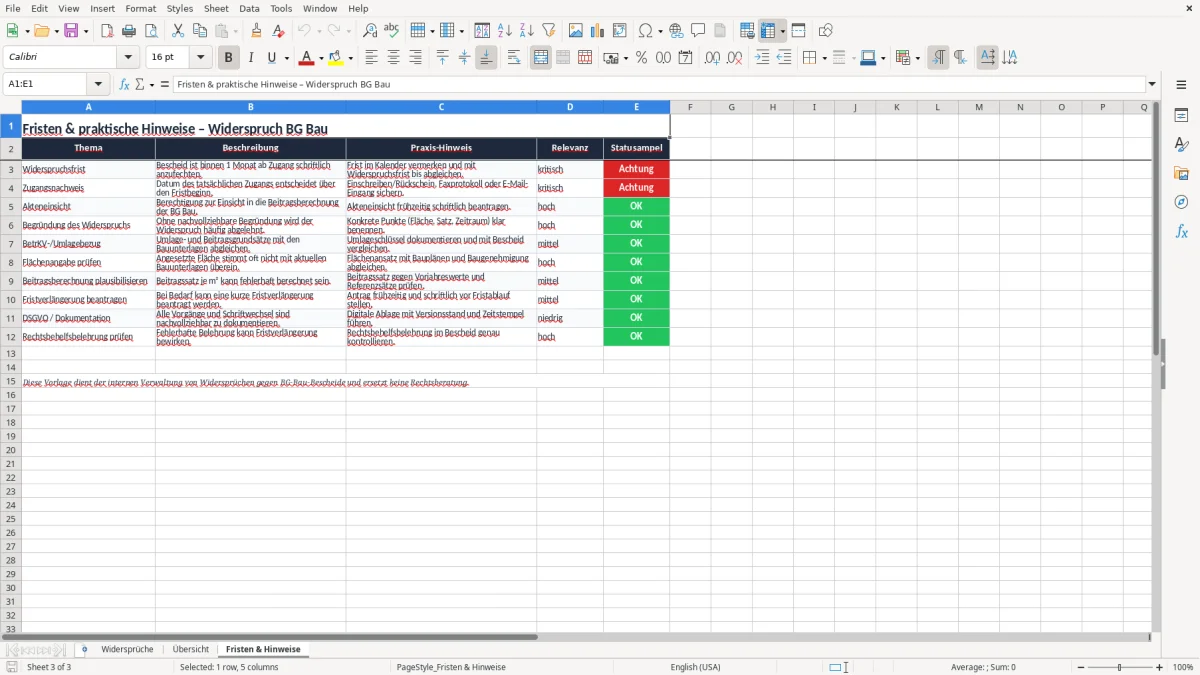 Captura 3: aba Fristen & Hinweise - Planilha Excel widerspruch bg bau