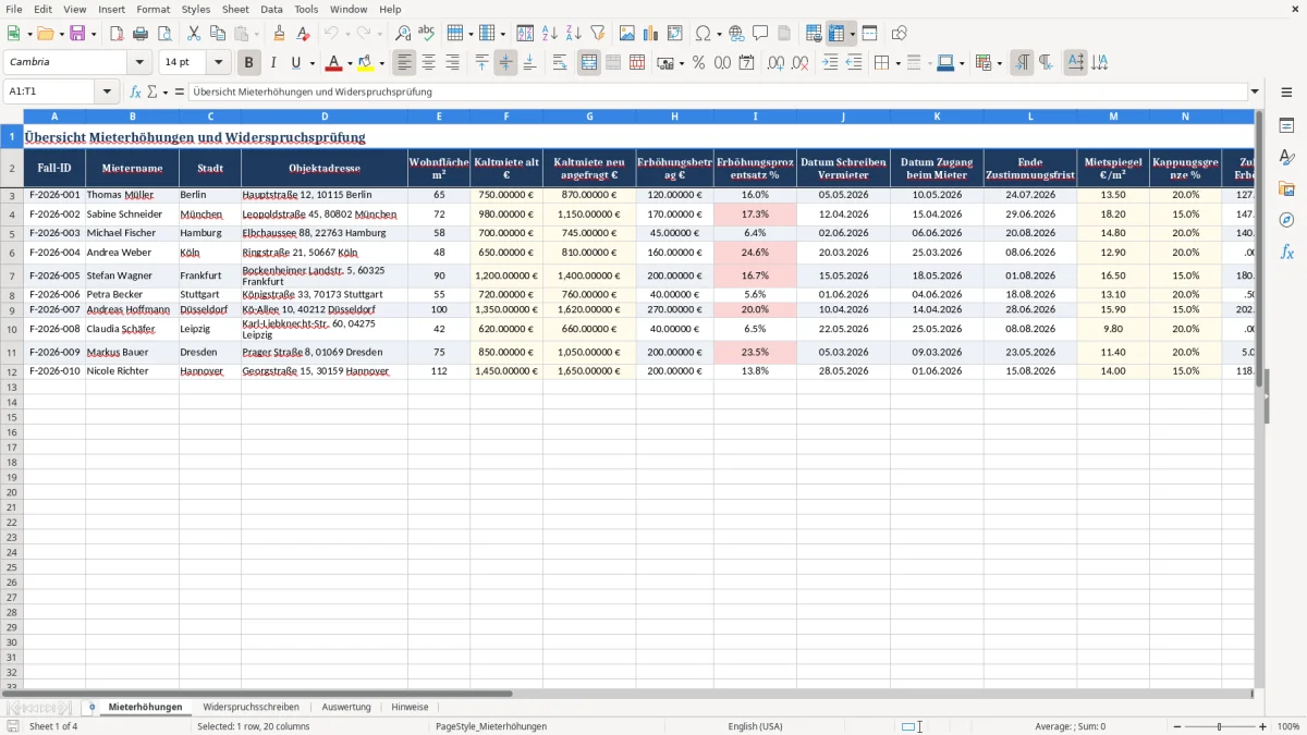Captura 1: aba Mieterhöhungen - Planilha Excel widerspruch mieterhohung