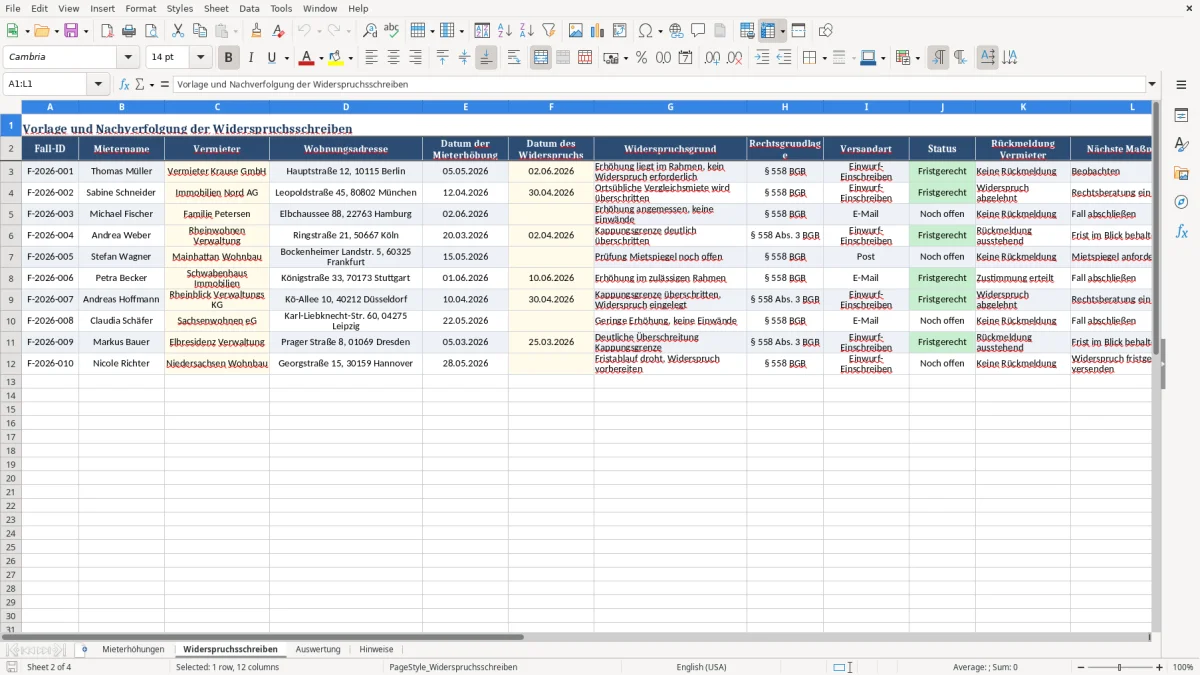 Captura 2: aba Widerspruchsschreiben - Planilha Excel widerspruch mieterhohung