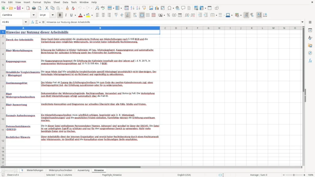 Hinweise – Widerspruch Mieterhöhung Excel – Vorlage Kostenlos (2026)