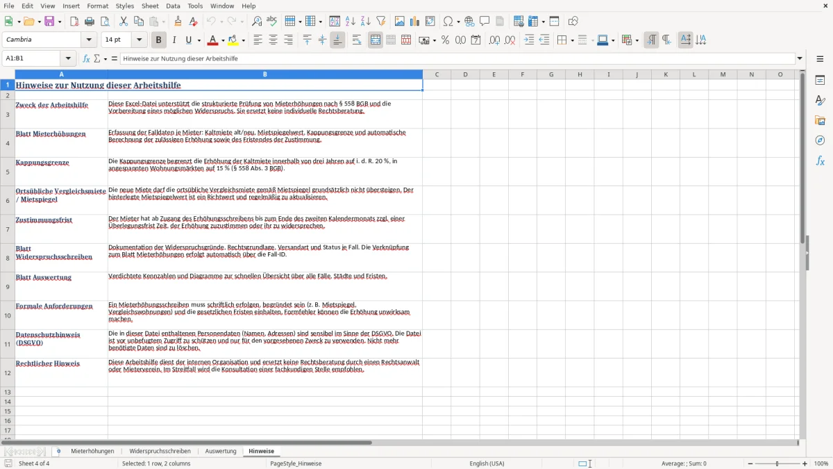 Captura 4: aba Hinweise - Planilha Excel widerspruch mieterhohung