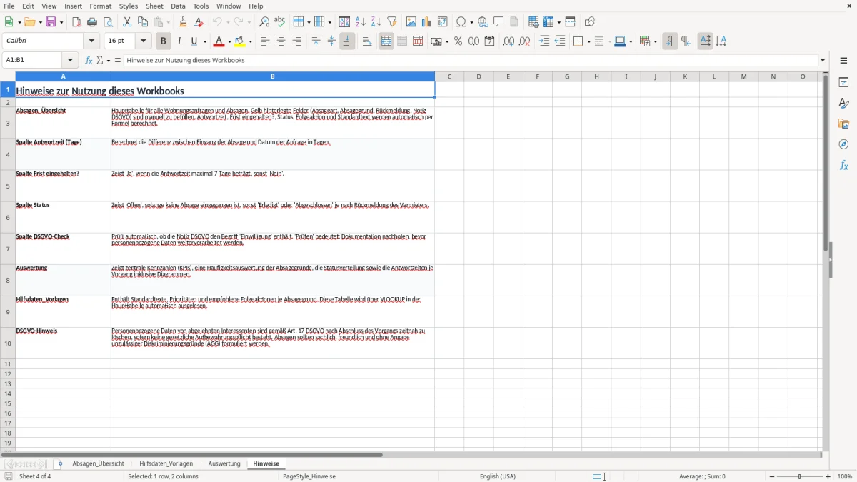 Captura 4: aba Hinweise - Planilha Excel wohnung absagen vermieter