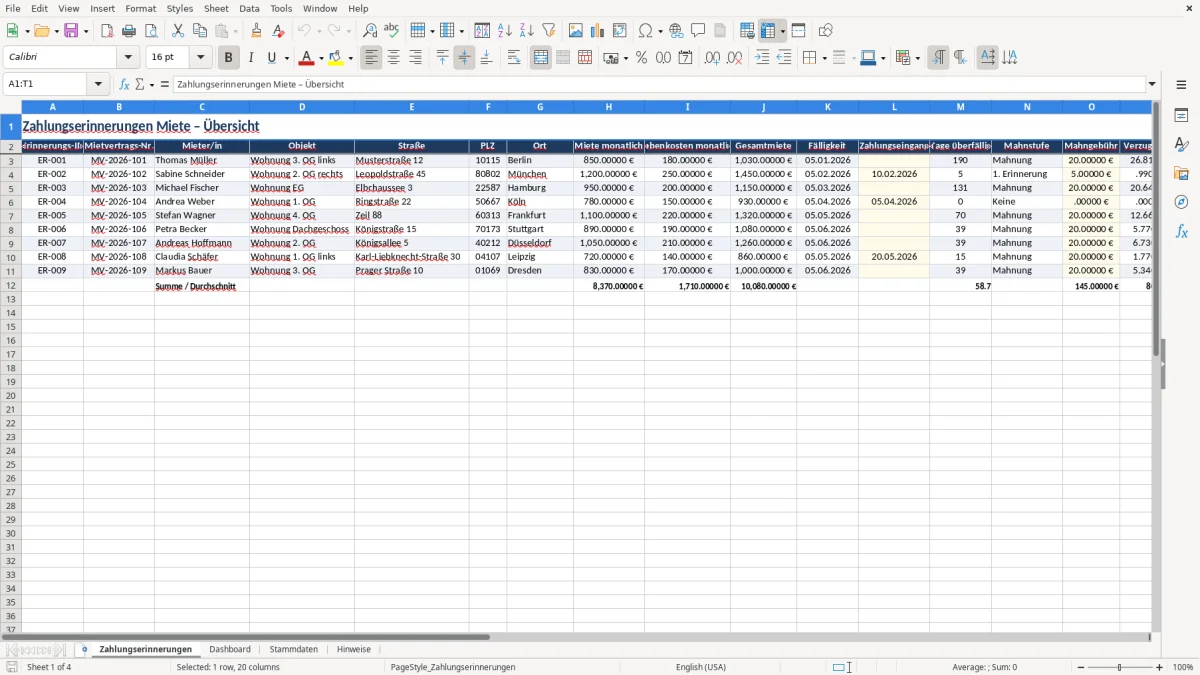 Captura 1: aba Zahlungserinnerungen - Planilha Excel zahlungserinnerung miete