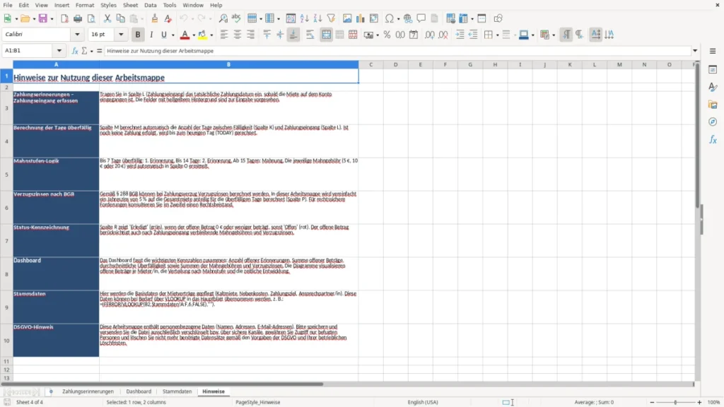 Hinweise – Zahlungserinnerung Miete Excel – Vorlage (2026)