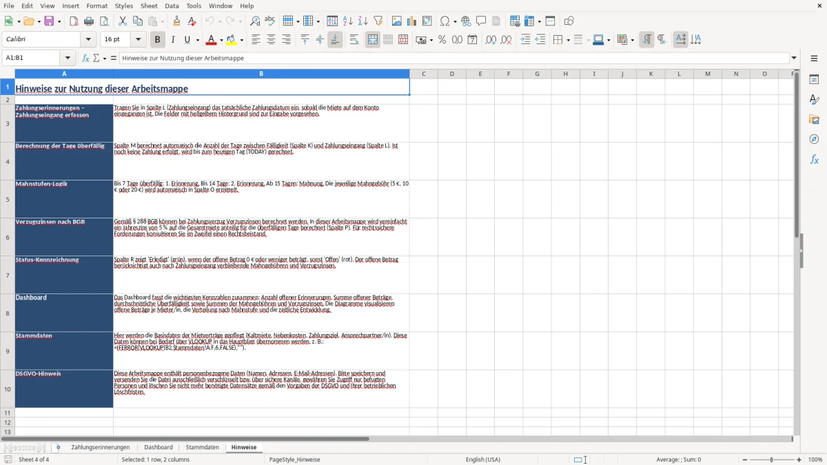Captura 4: aba Hinweise - Planilha Excel zahlungserinnerung miete