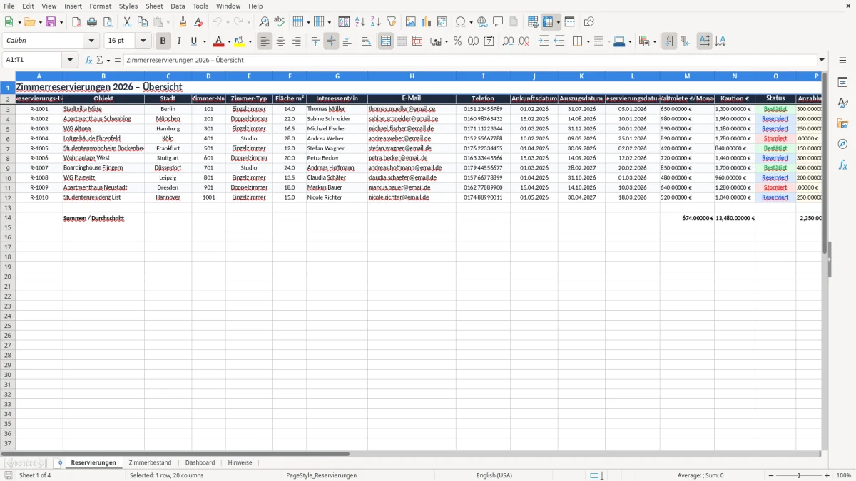 Captura 1: aba Reservierungen - Planilha Excel zimmer reservieren