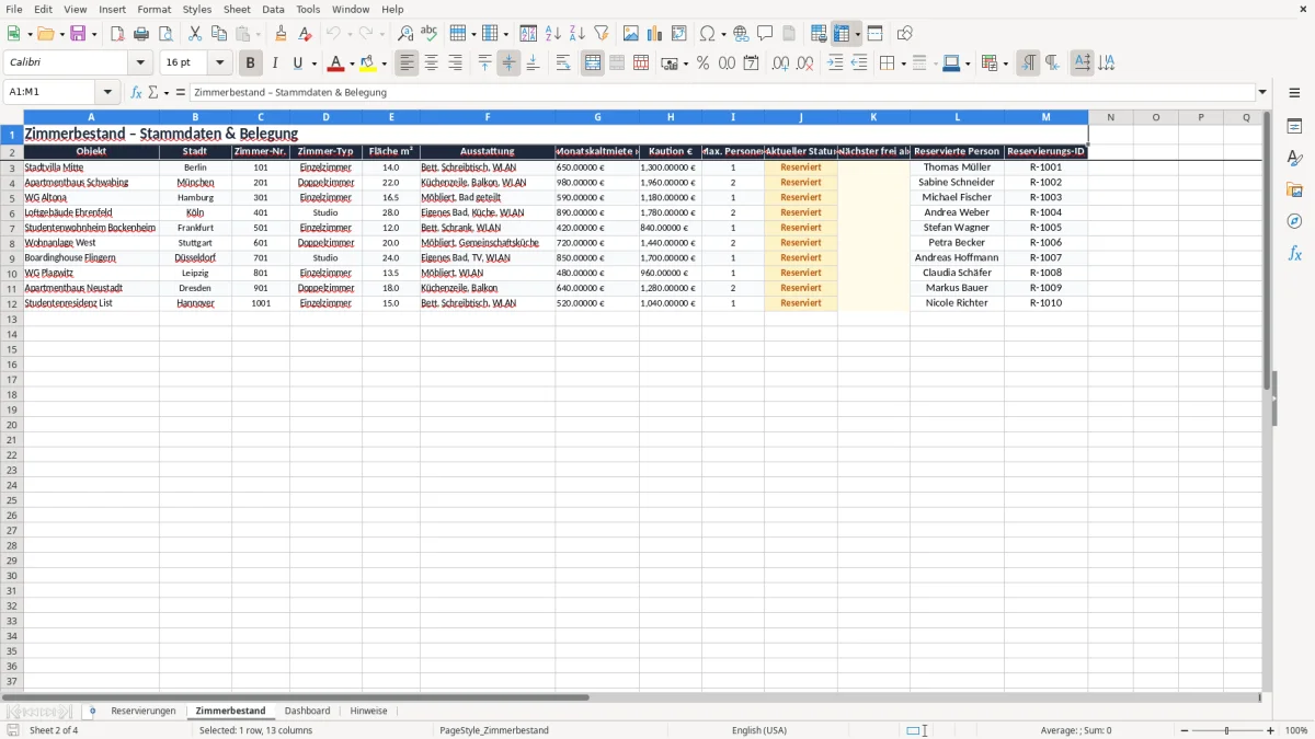 Captura 2: aba Zimmerbestand - Planilha Excel zimmer reservieren