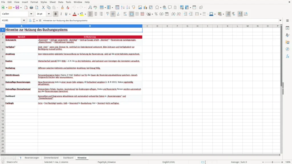 Hinweise – Zimmer reservieren Excel – Vorlage Kostenlos (2026)