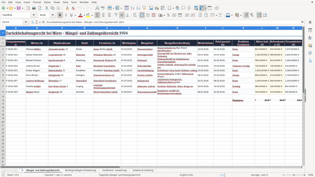 Captura 1: aba Mängel- und Zahlungsübersicht - Planilha Excel zuruckbehaltungsrecht miete