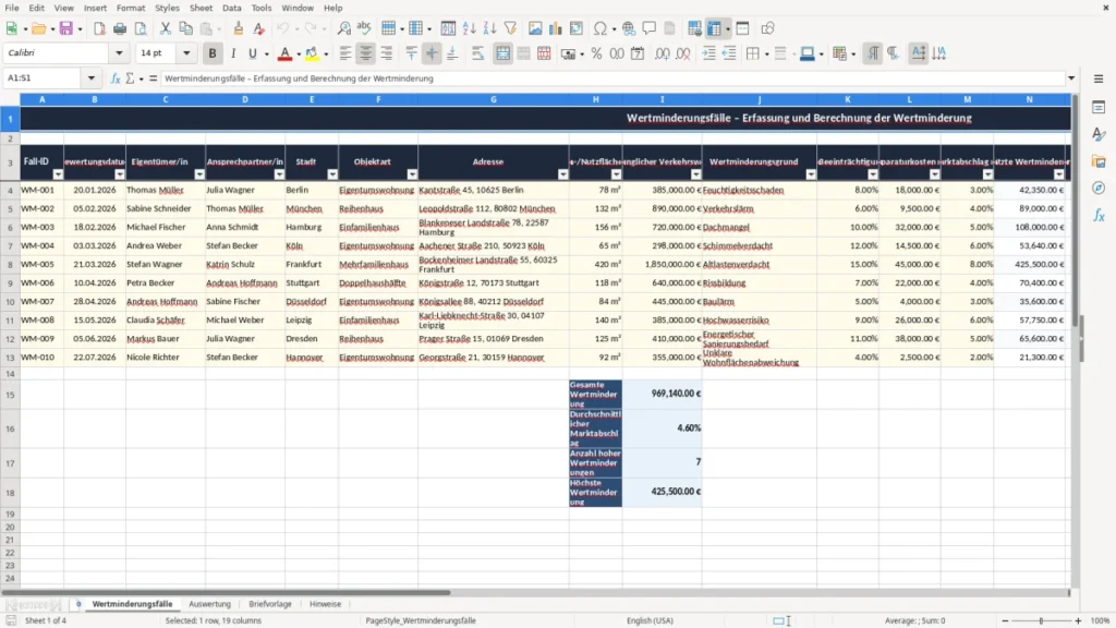 Wertminderungsfälle – Brief Wertminderung – Excel-Vorlage