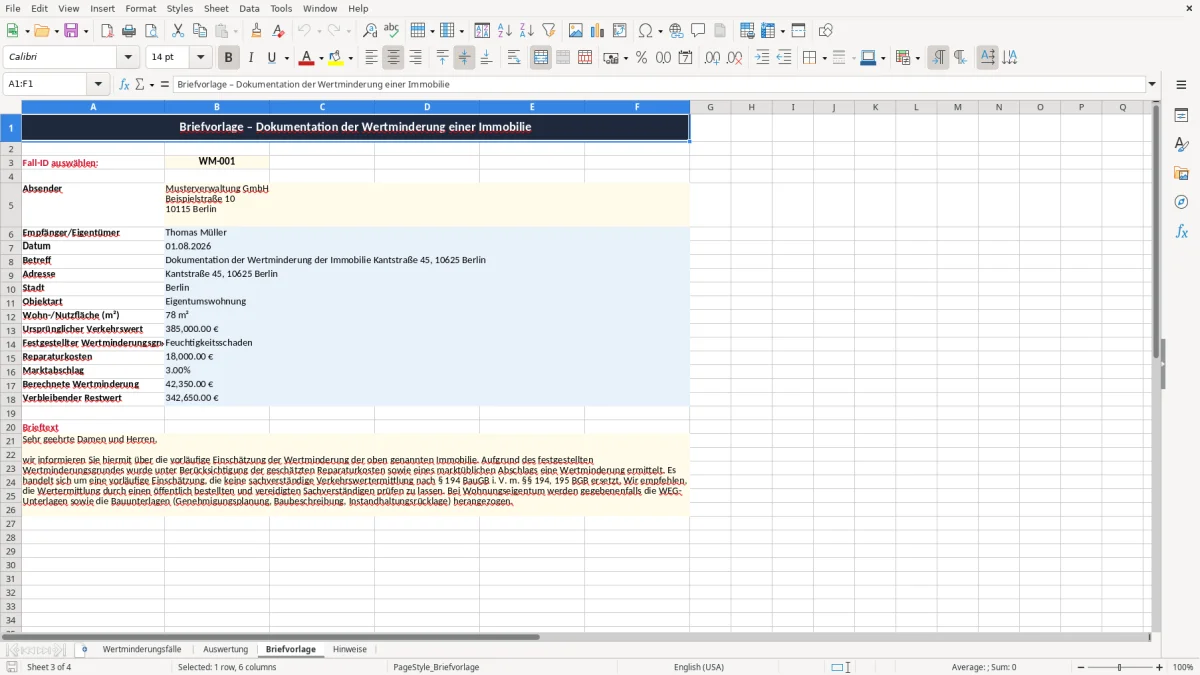 Captura 3: aba Briefvorlage - Planilha Excel brief wertminderung